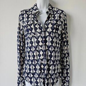 NWT TORY BURCH Navy Off White Print Kimber Blouse Top Shirt XS